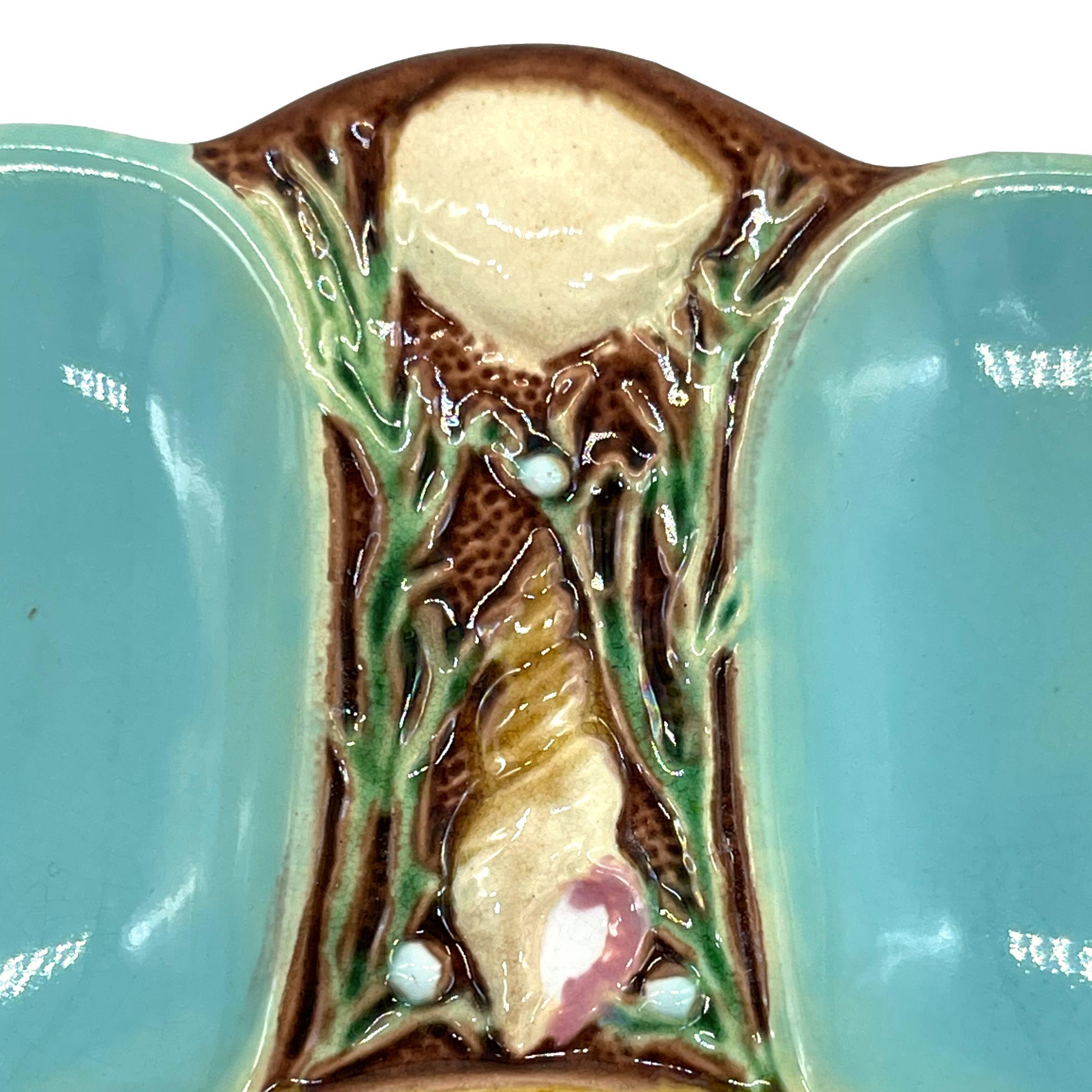 English Minton Majolica Turquoise-Ground Oyster Plate, Shells and Seaweed, Dated 1873