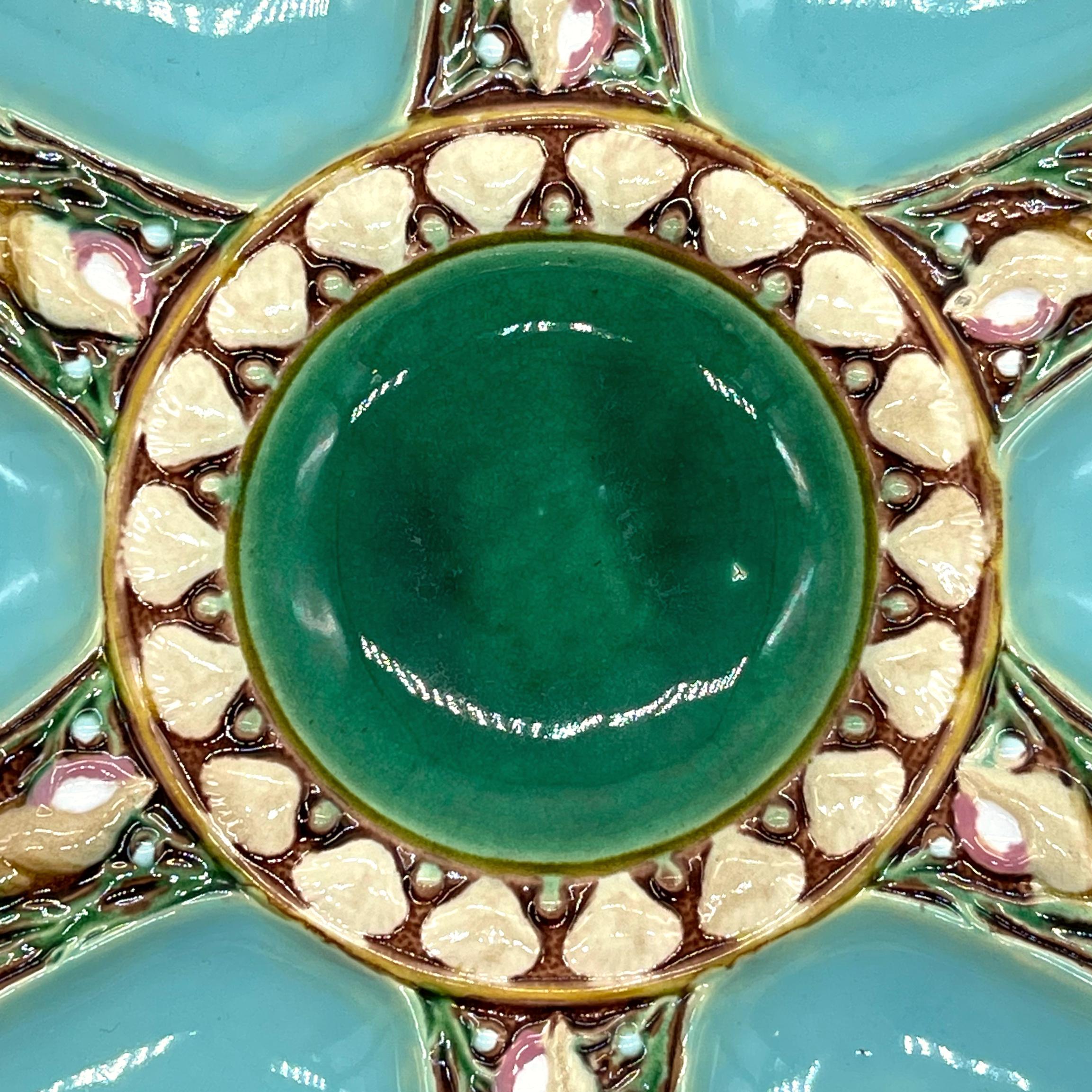 Molded Minton Majolica Turquoise-Ground Oyster Plate, Shells and Seaweed, Dated 1873