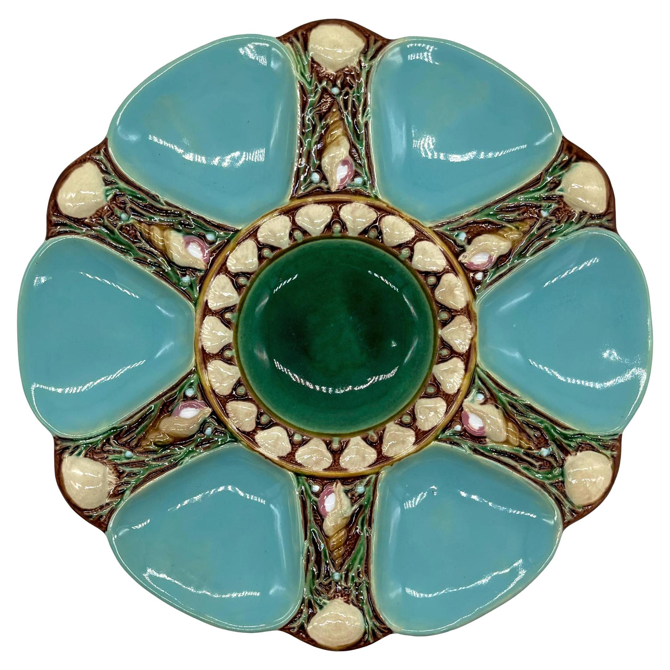 Minton Majolica Turquoise-Ground Oyster Plate, Shells and Seaweed, Dated 1873