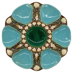 Antique Minton Majolica Turquoise-Ground Oyster Plate, Shells and Seaweed, Dated 1873