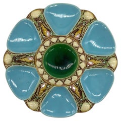 Antique Minton Majolica Turquoise-Ground Oyster Plate, Shells and Seaweed, Dated 1875