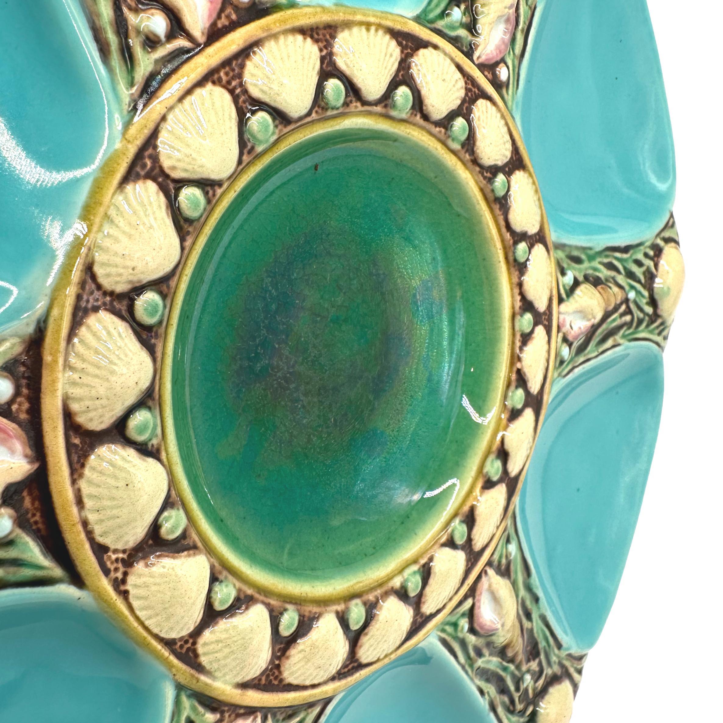 English Minton Majolica Turquoise-Ground Oyster Plate, Shells and Seaweed, Dated 1878