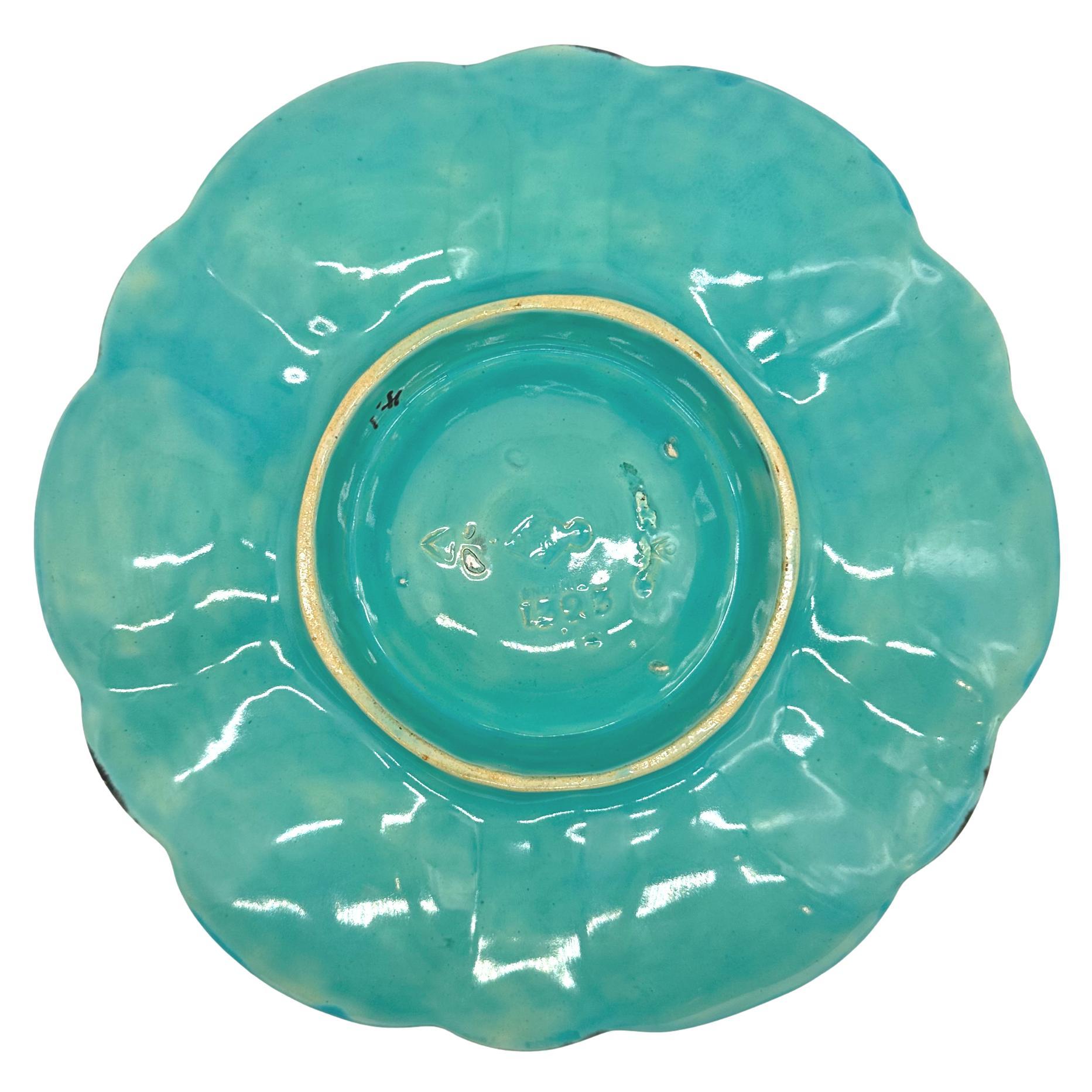 Molded Minton Majolica Turquoise-Ground Oyster Plate, Shells and Seaweed, Dated 1878