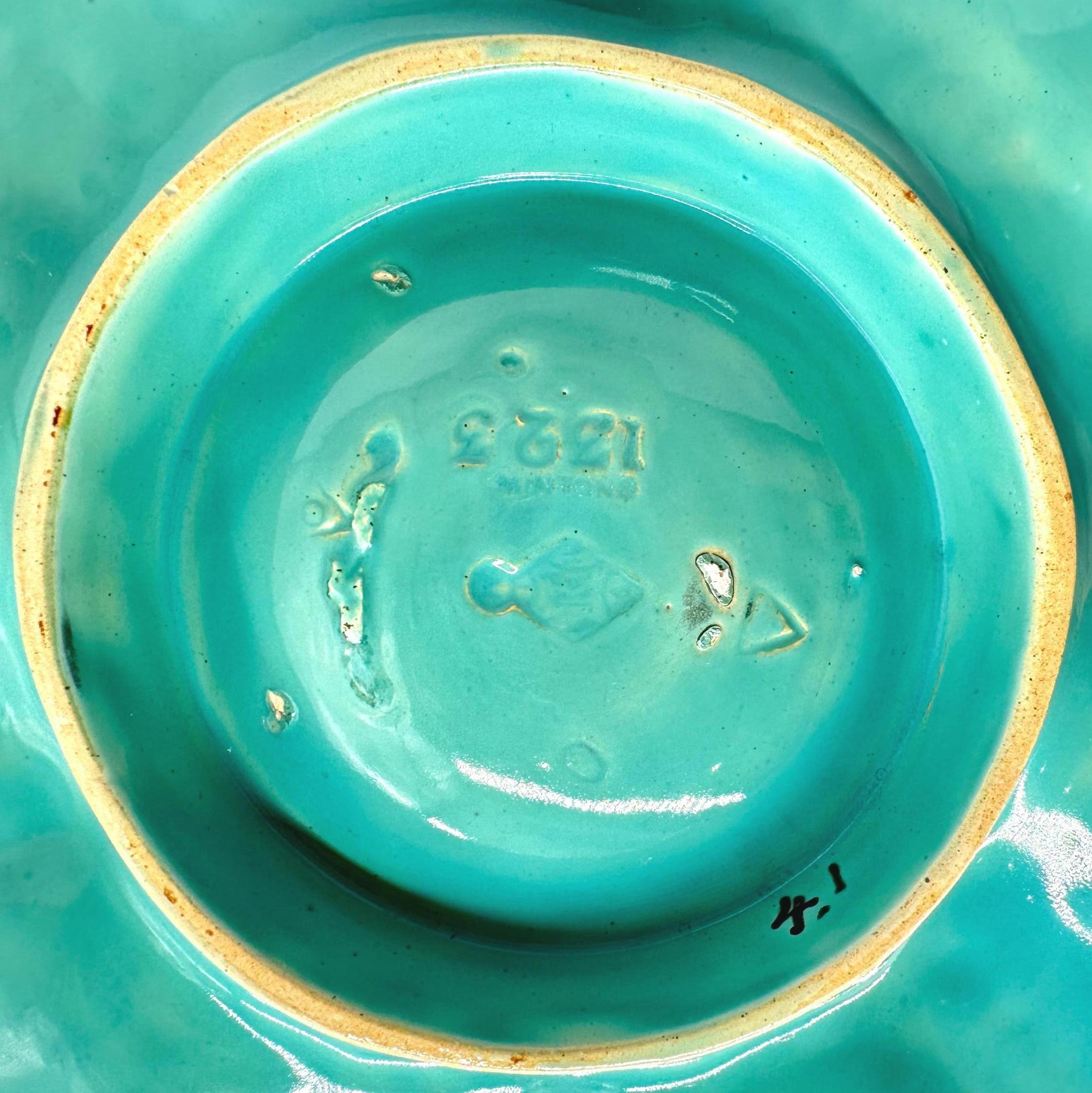 Minton Majolica Turquoise-Ground Oyster Plate, Shells and Seaweed, Dated 1878 In Good Condition In Banner Elk, NC