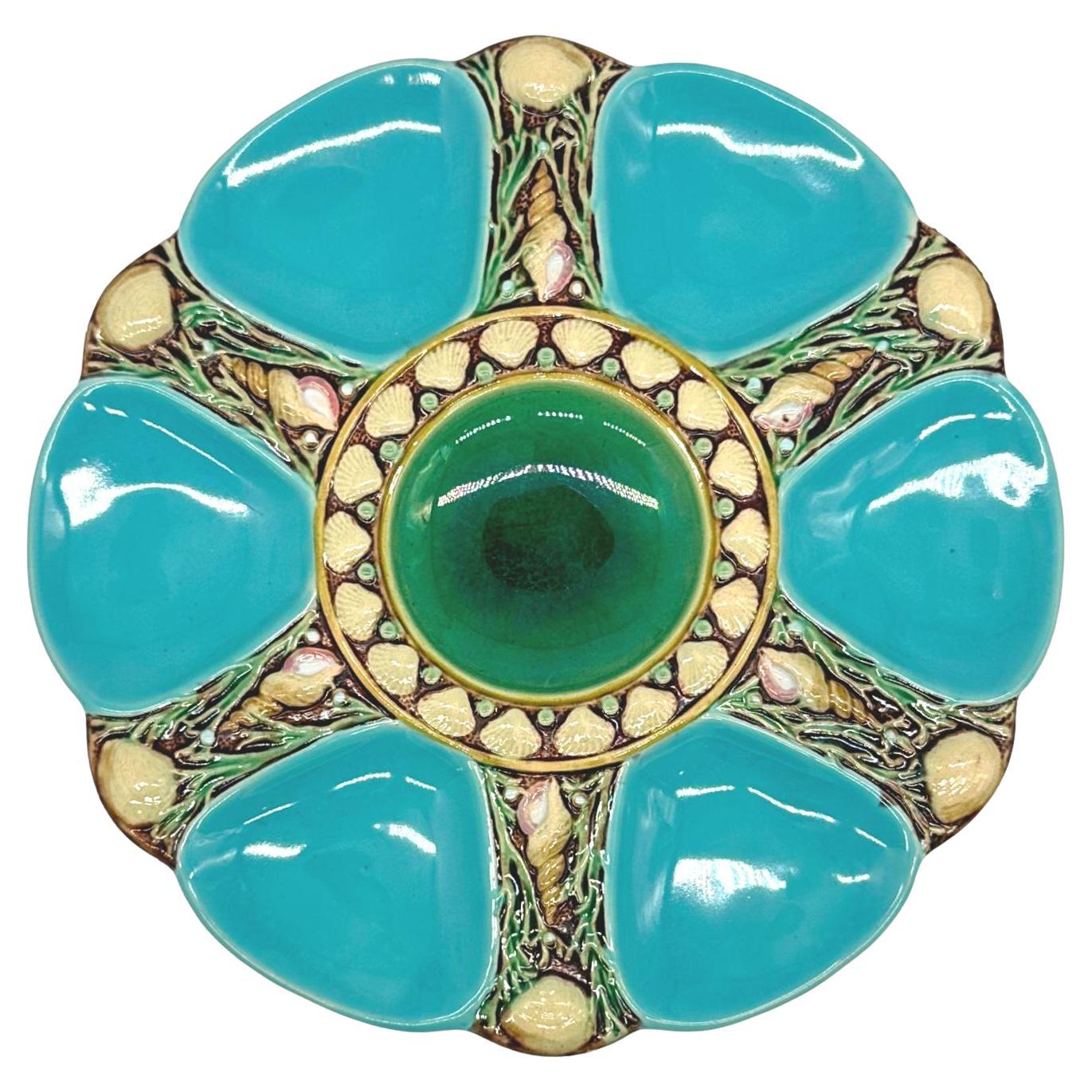 Minton Majolica Turquoise-Ground Oyster Plate, Shells and Seaweed, Dated 1878