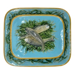 Minton Majolica Turquoise Sardine Box Server with Three Sardines, Dated 1876