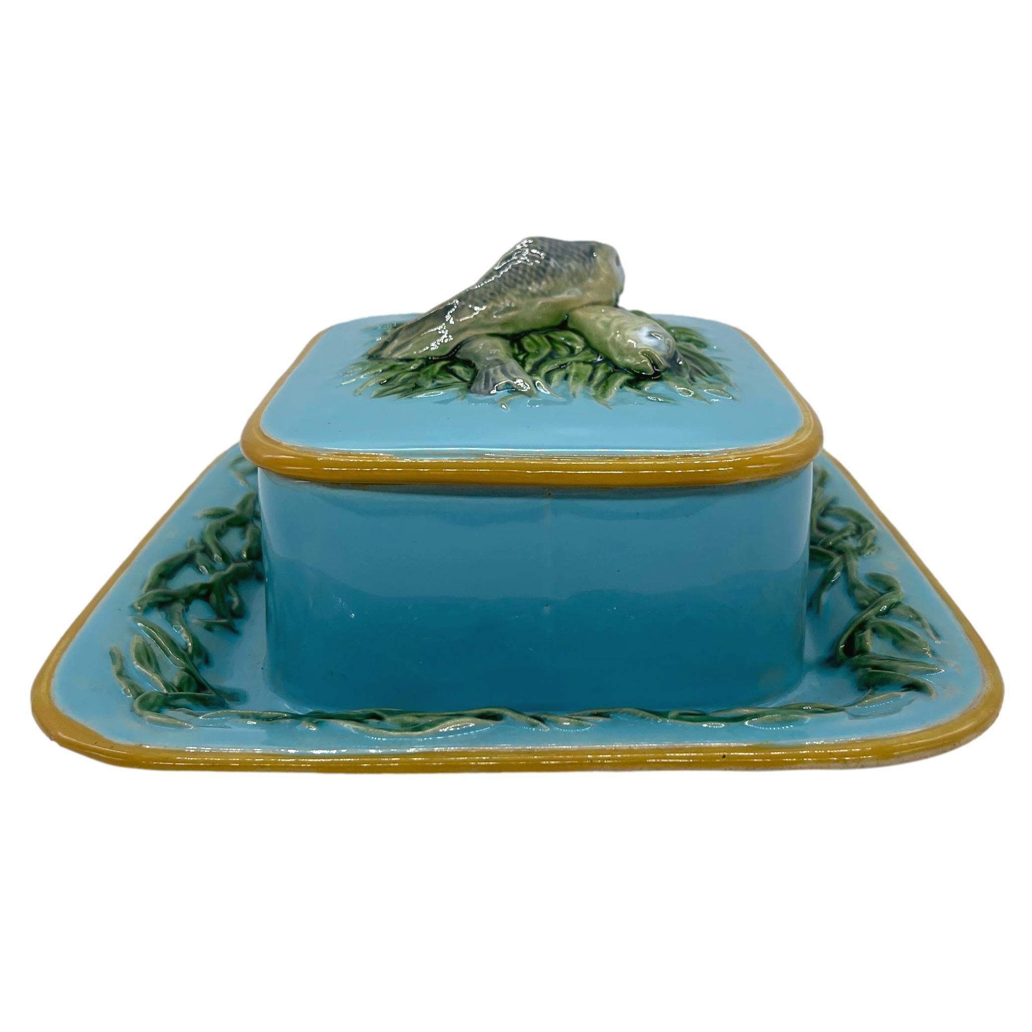 Molded Minton Majolica Turquoise Sardine Box Server with Three Sardines, Dated 1876