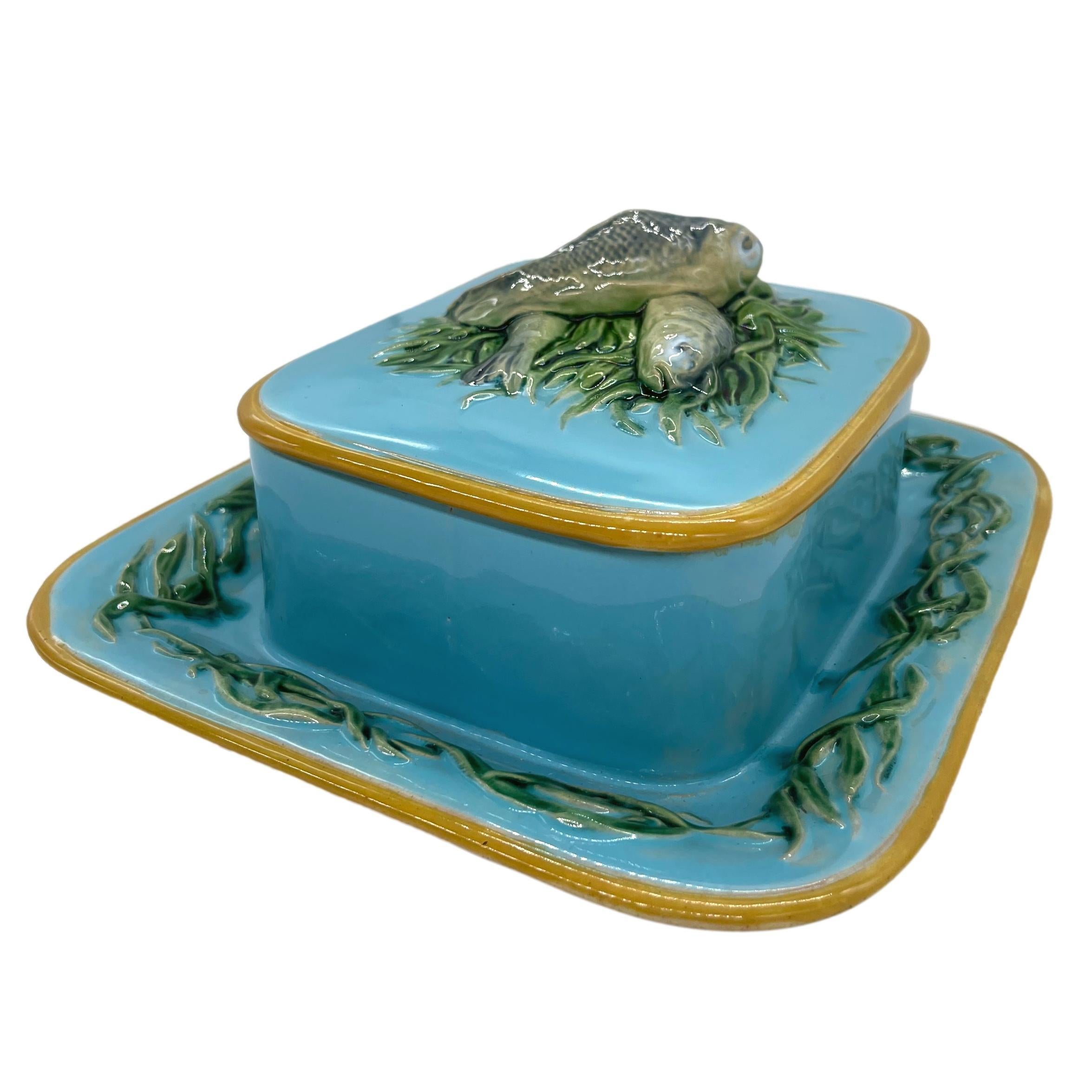Minton Majolica Turquoise Sardine Box Server with Three Sardines, Dated 1876 In Good Condition In Banner Elk, NC