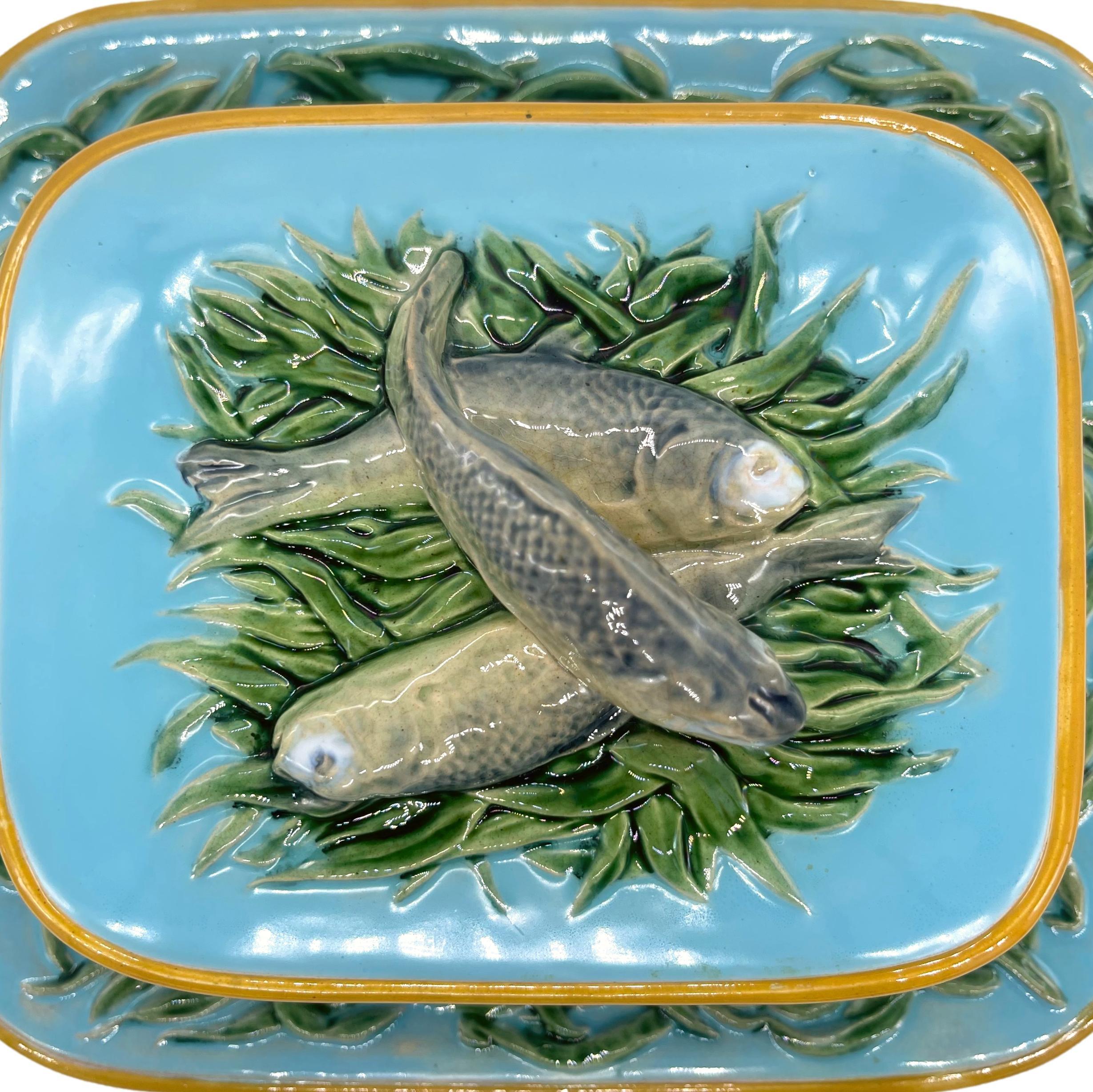 Minton Majolica Turquoise Sardine Box Server with Three Sardines, Dated 1876 1