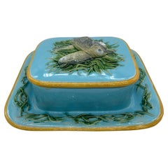 Minton Majolica Turquoise Sardine Box Server with Three Sardines, Dated 1876