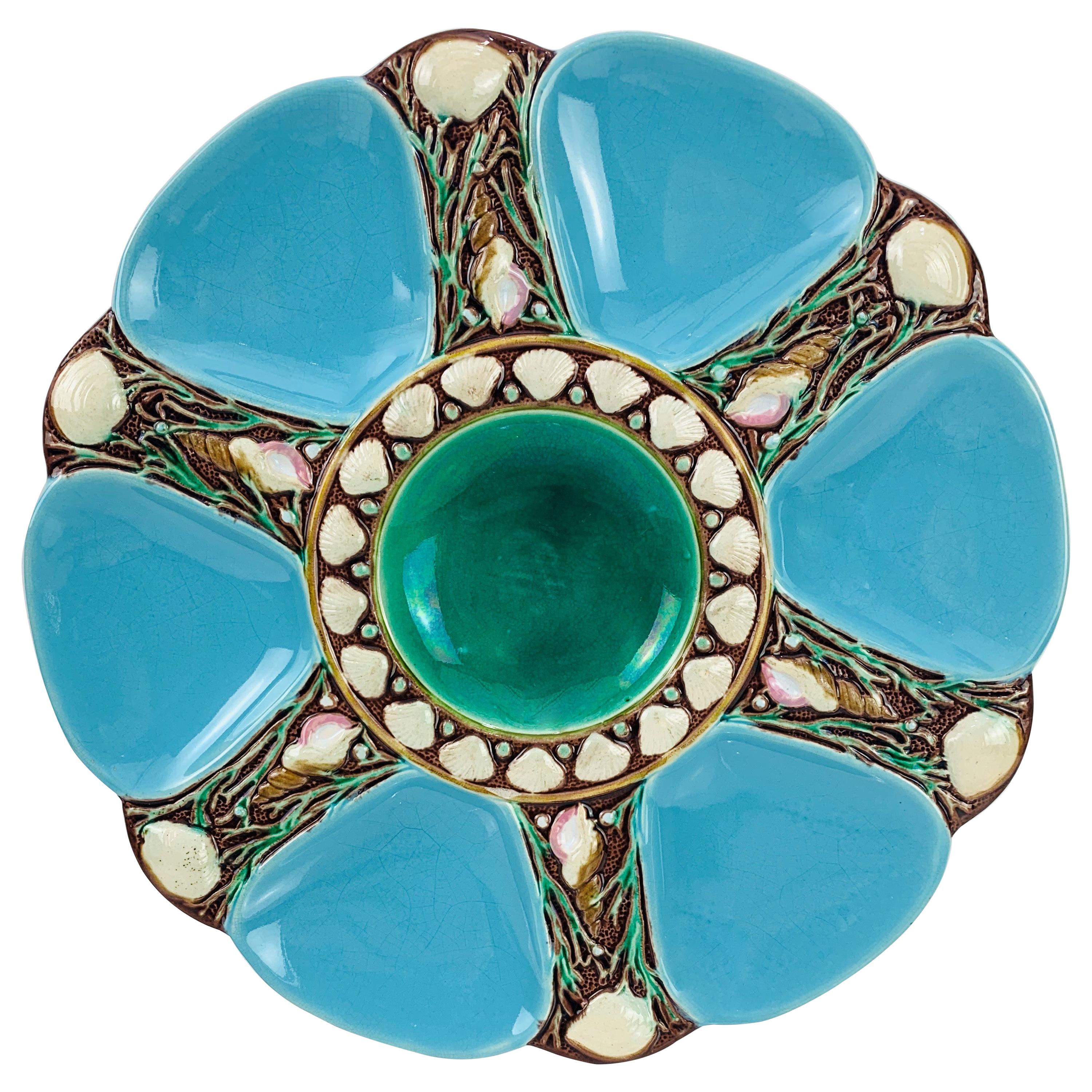Minton Majolica Turquoise Six Well Oyster Plate, English, Dated 1871