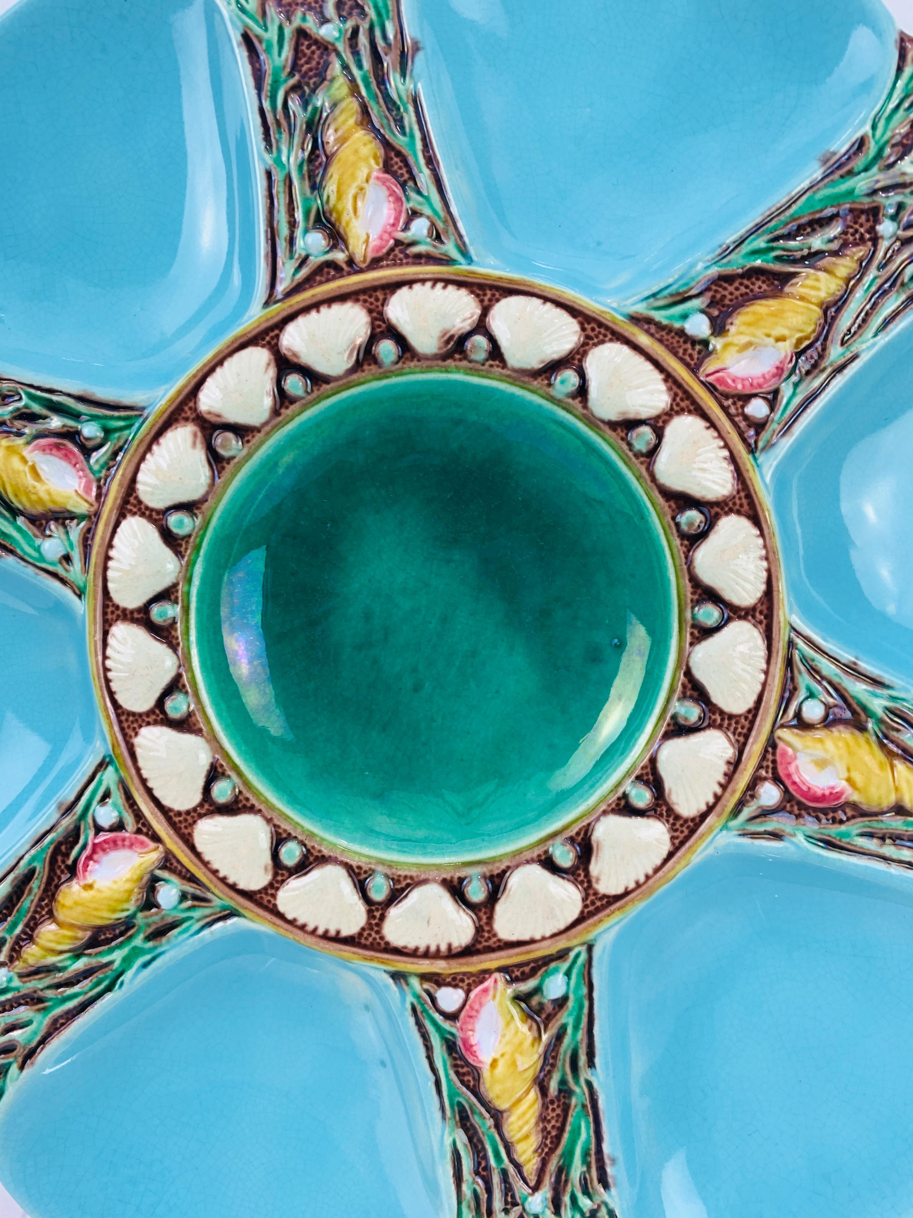 Minton Majolica Turquoise Six Well Oyster Plate, English, Dated 1873 In Good Condition In Banner Elk, NC
