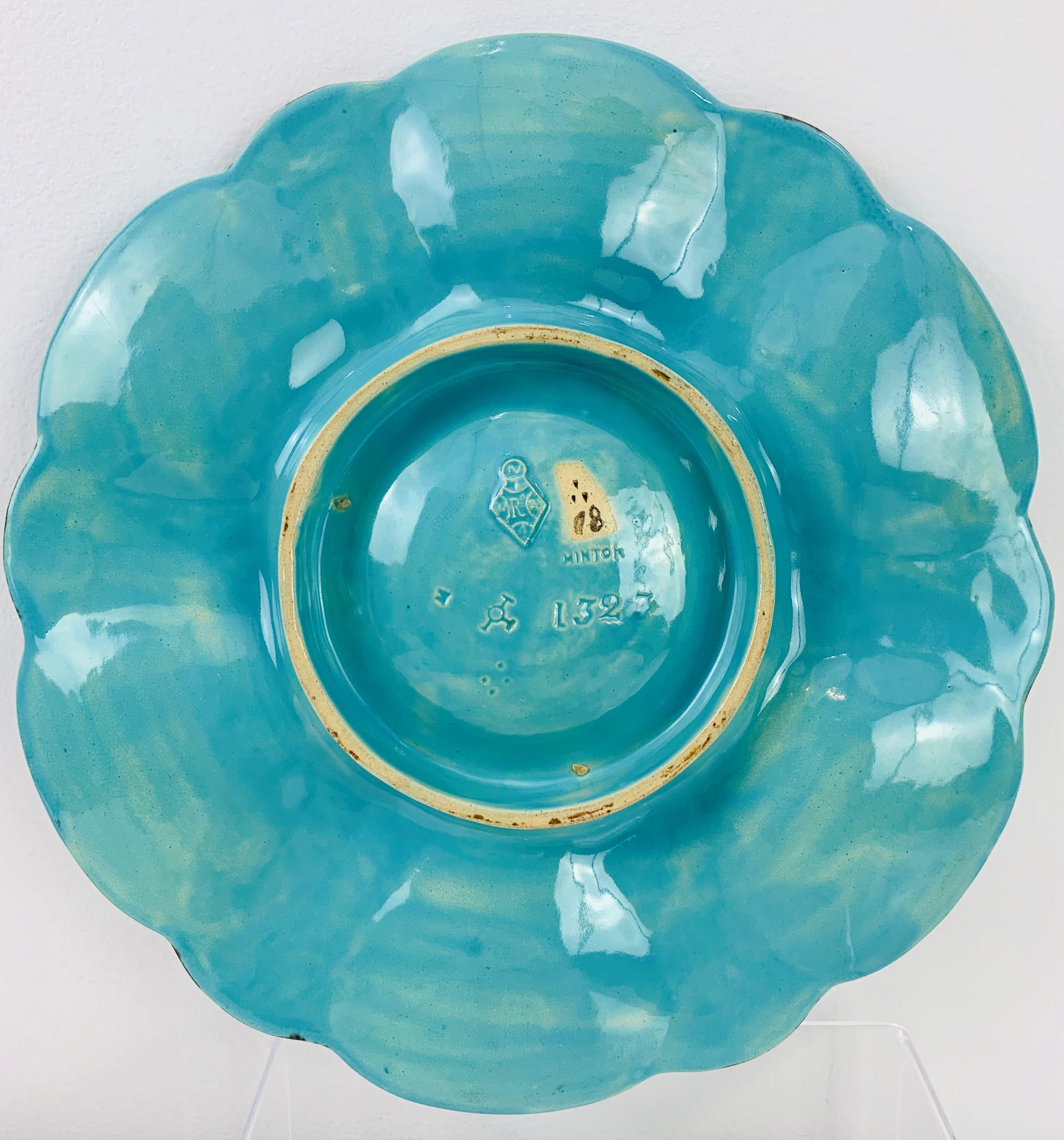Late 19th Century Minton Majolica Turquoise Six Well Oyster Plate, English, Dated 1873
