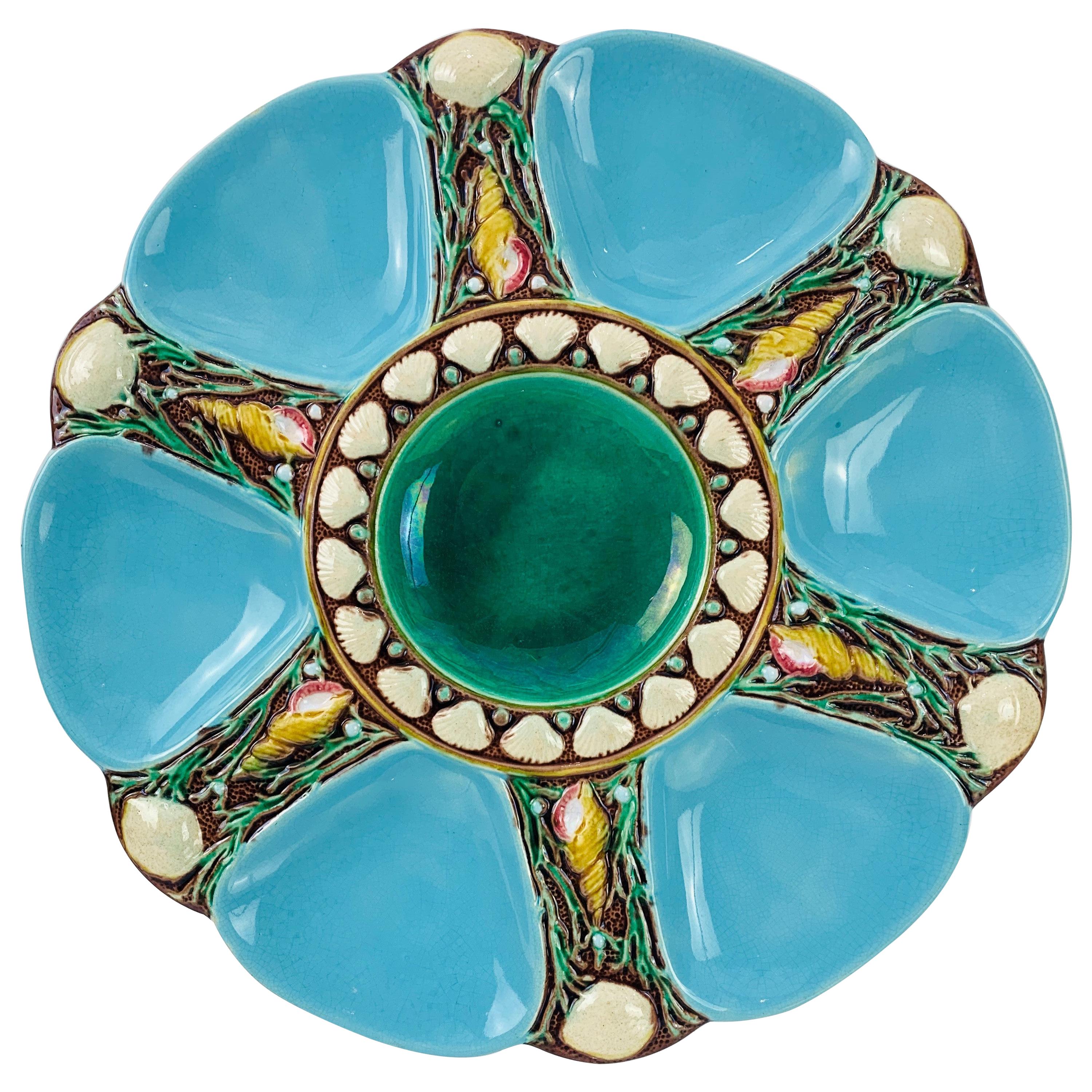 Minton Majolica Turquoise Six Well Oyster Plate, English, Dated 1873