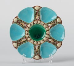 Minton Majolica Turquoise Six Well Oyster Plate, English, Dated 1874