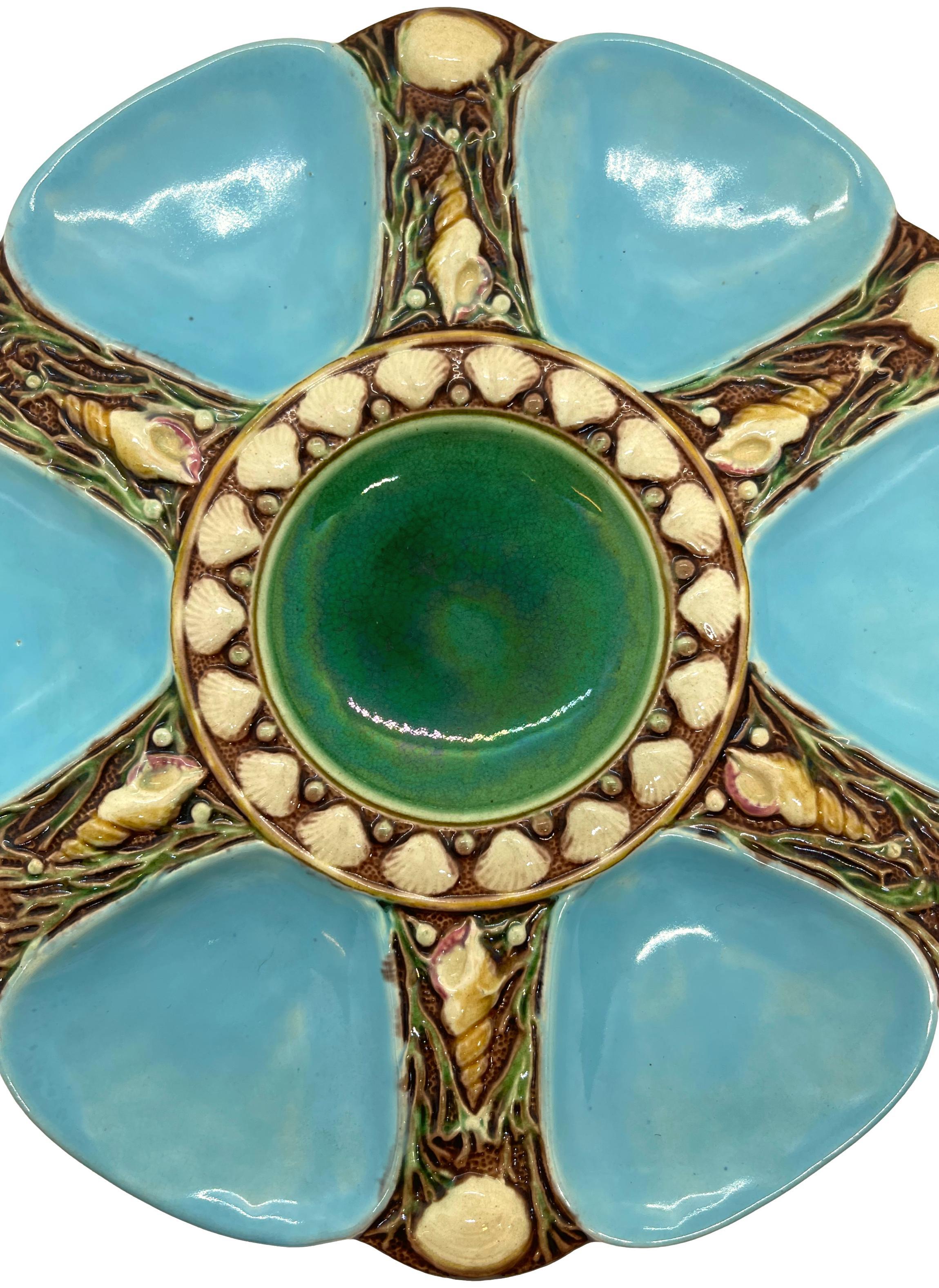 Victorian Minton Majolica Turquoise Six Well Oyster Plate, English, Dated 1874