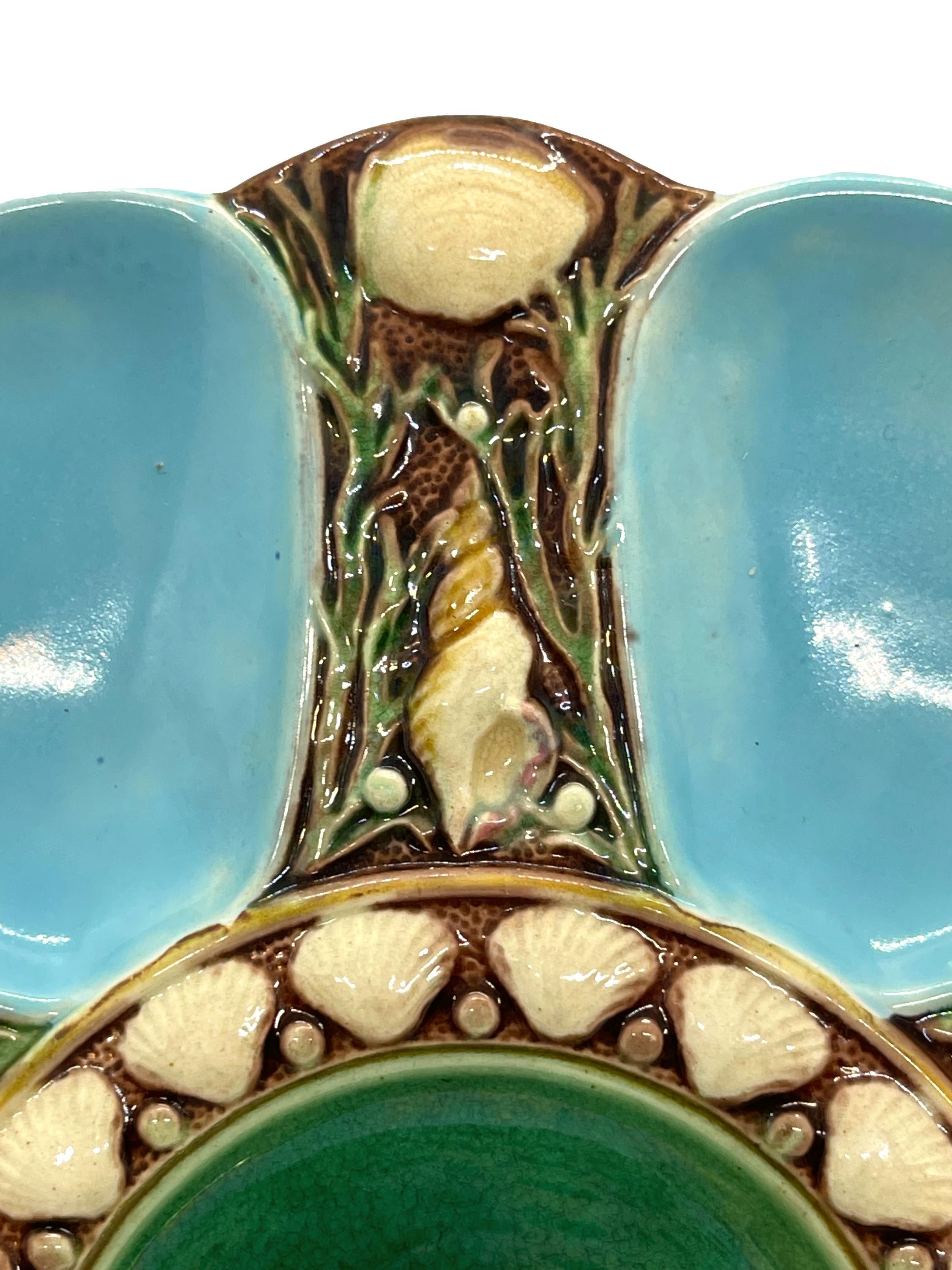 Minton Majolica Turquoise Six Well Oyster Plate, English, Dated 1874 In Good Condition In Banner Elk, NC
