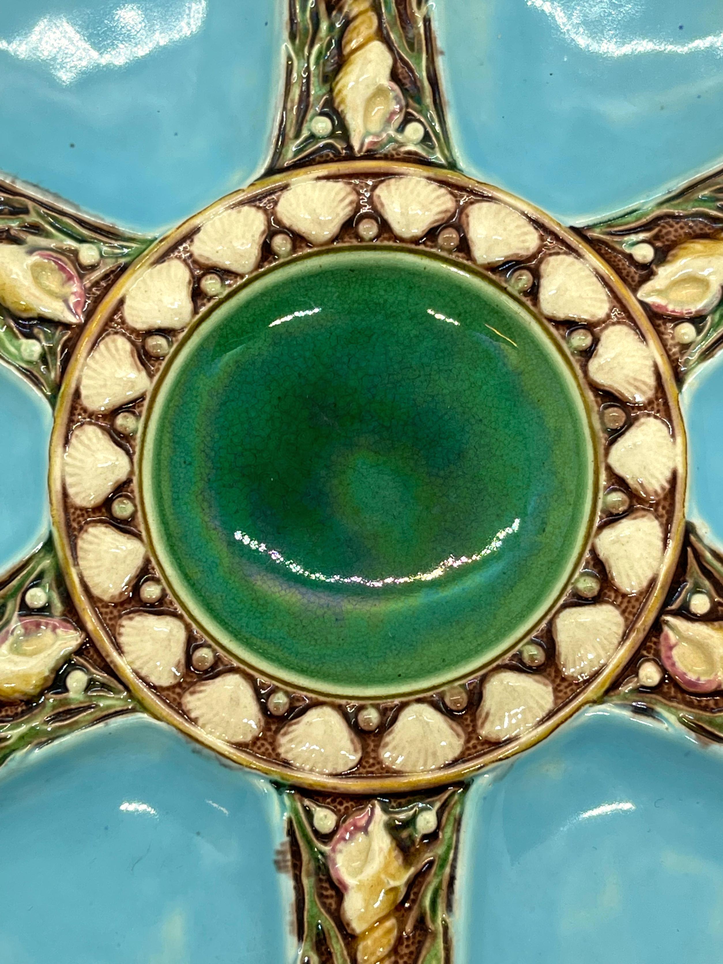 19th Century Minton Majolica Turquoise Six Well Oyster Plate, English, Dated 1874