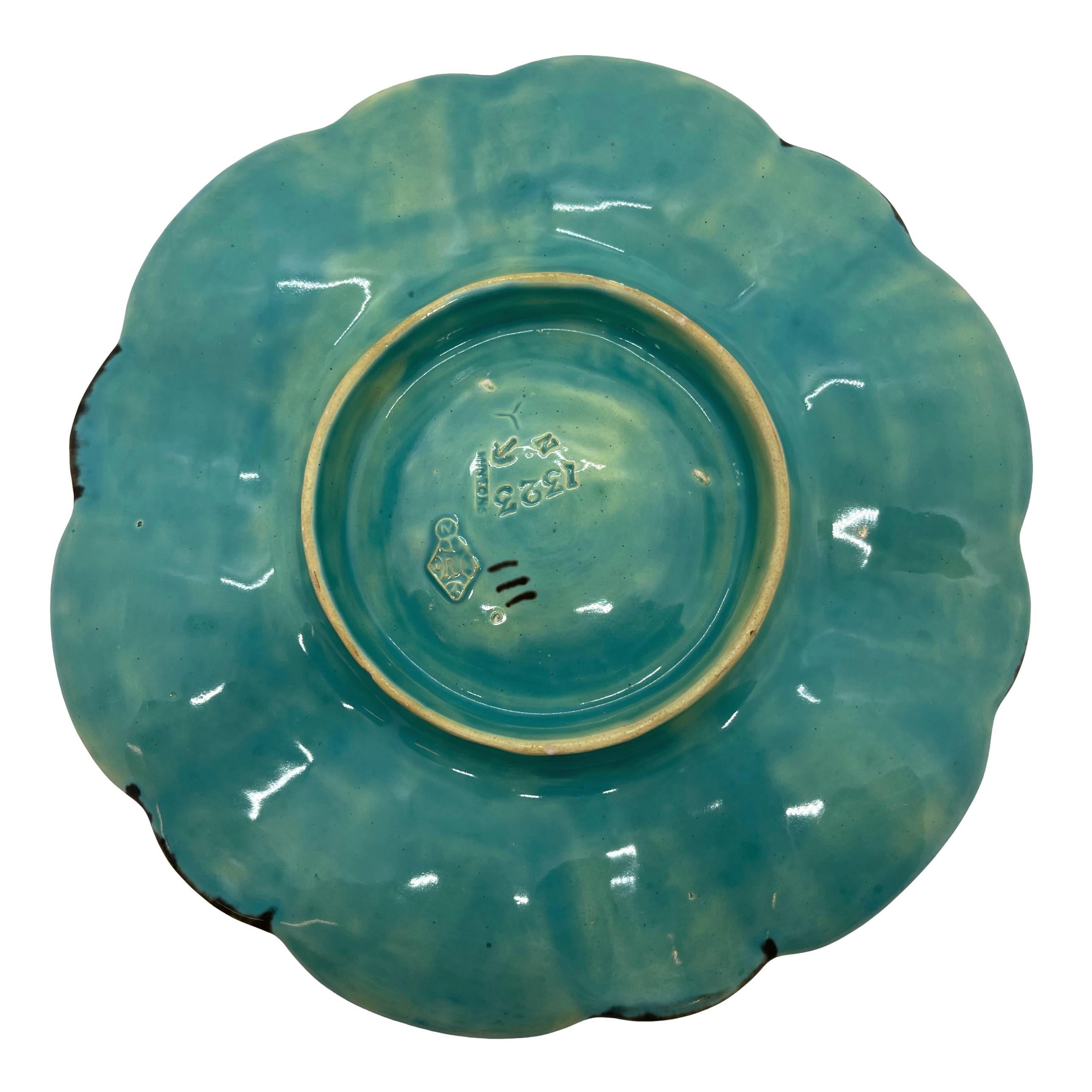 Minton Majolica Turquoise Six Well Oyster Plate, English, Dated 1874 1