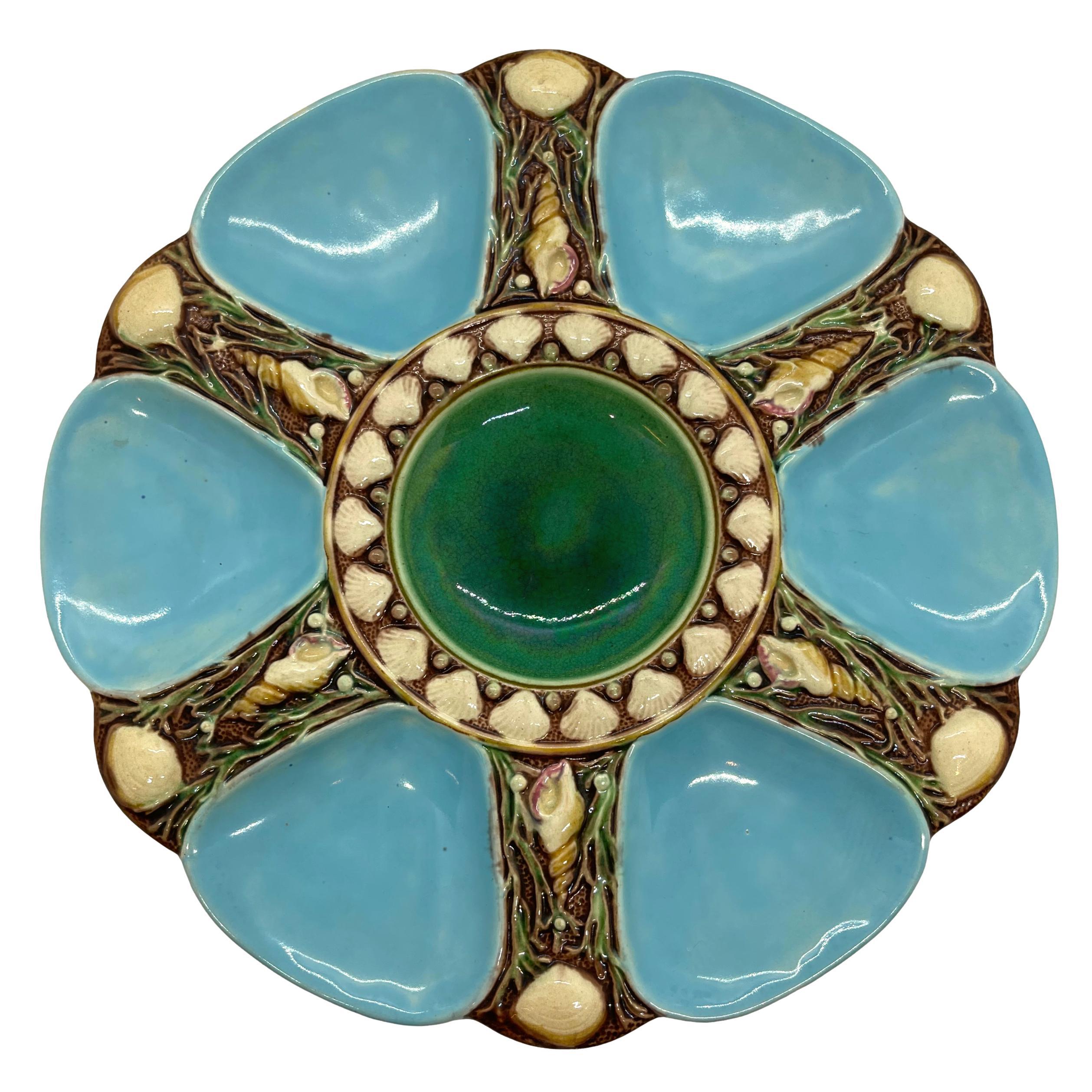 Minton Majolica Turquoise Six Well Oyster Plate, English, Dated 1874