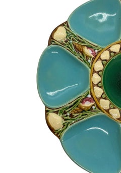 Minton Majolica Turquoise Six Well Oyster Plate, English, Dated 1895
