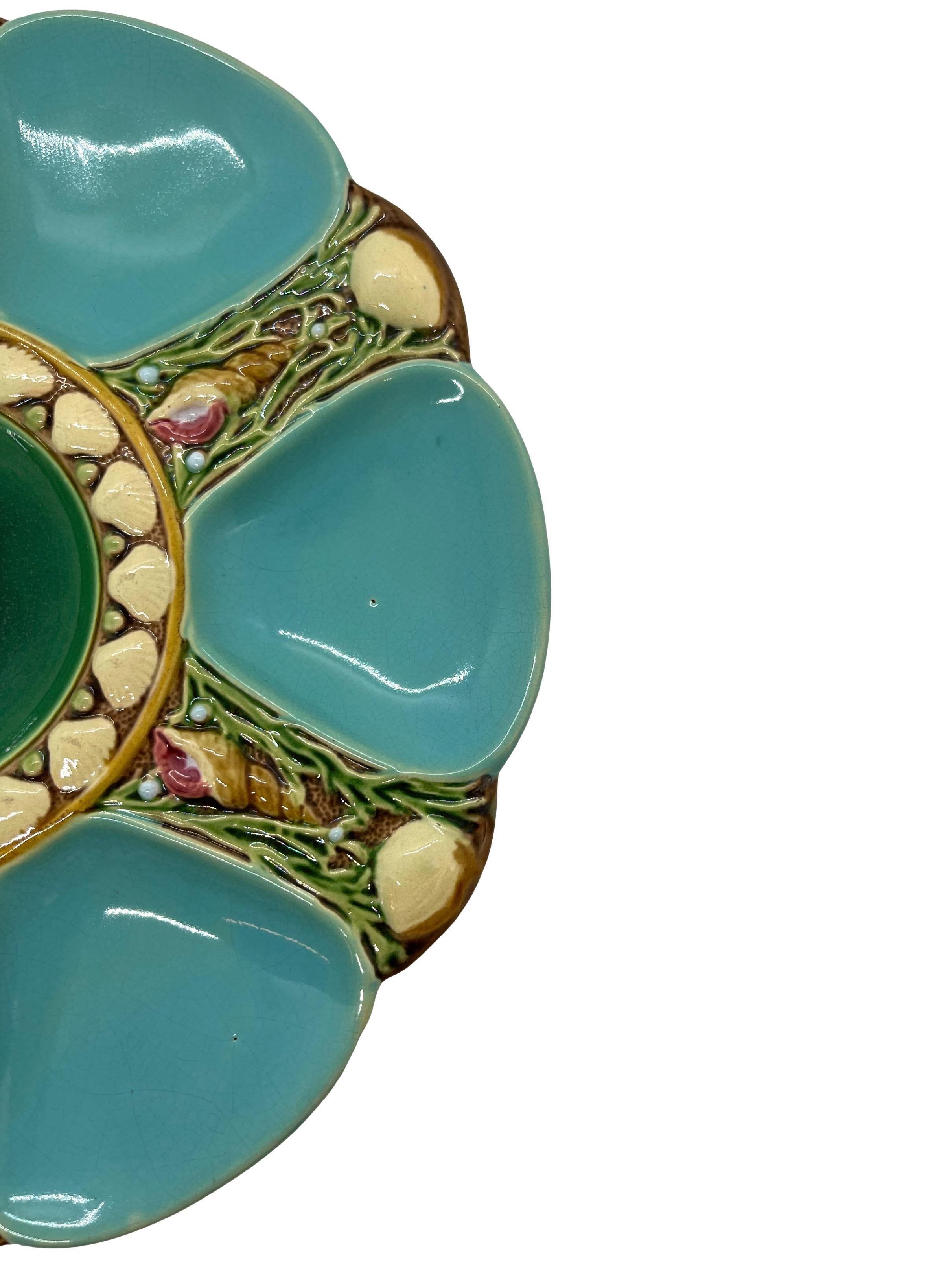 Victorian Minton Majolica Turquoise Six Well Oyster Plate, English, Dated 1895