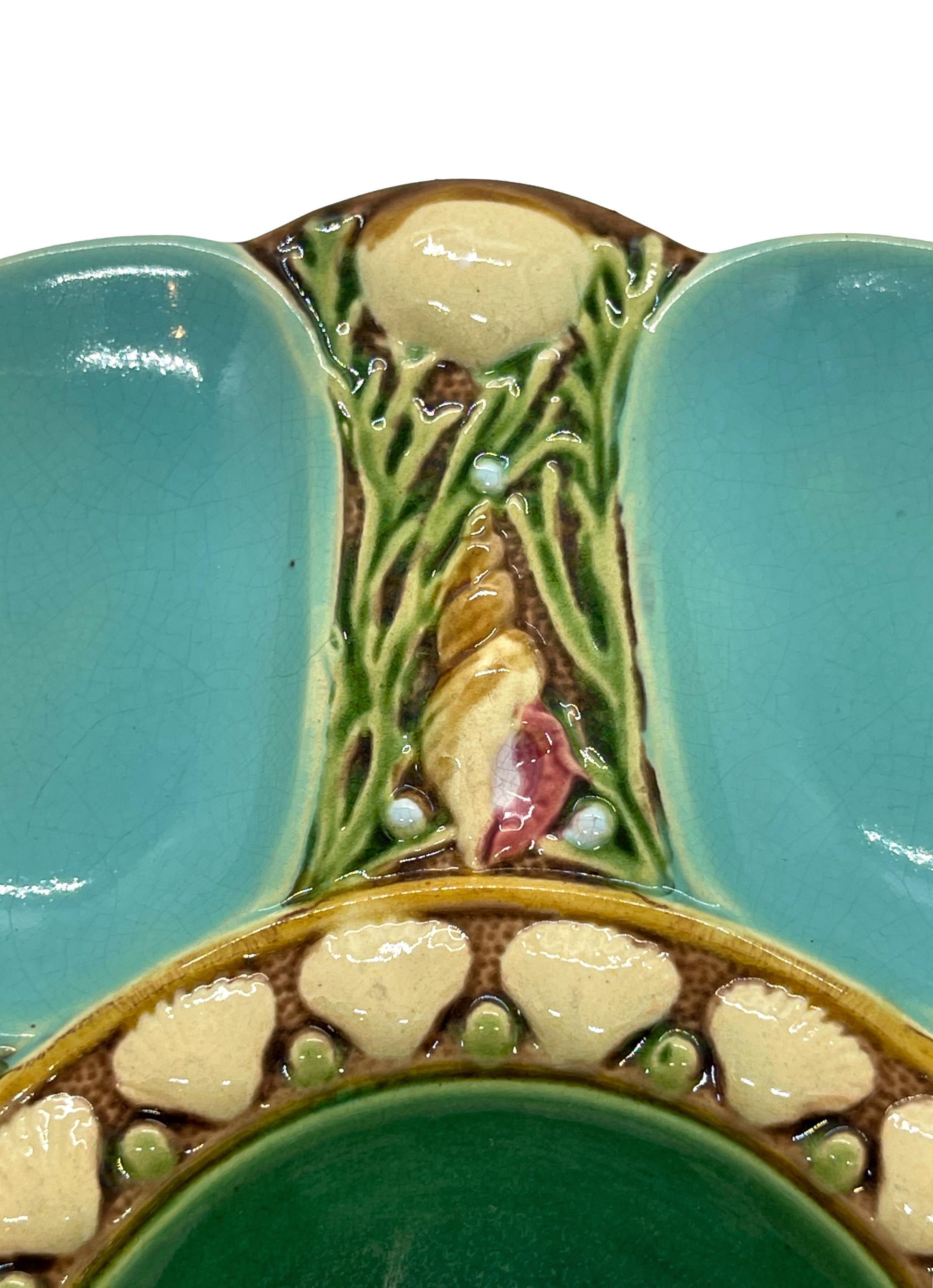 Molded Minton Majolica Turquoise Six Well Oyster Plate, English, Dated 1895