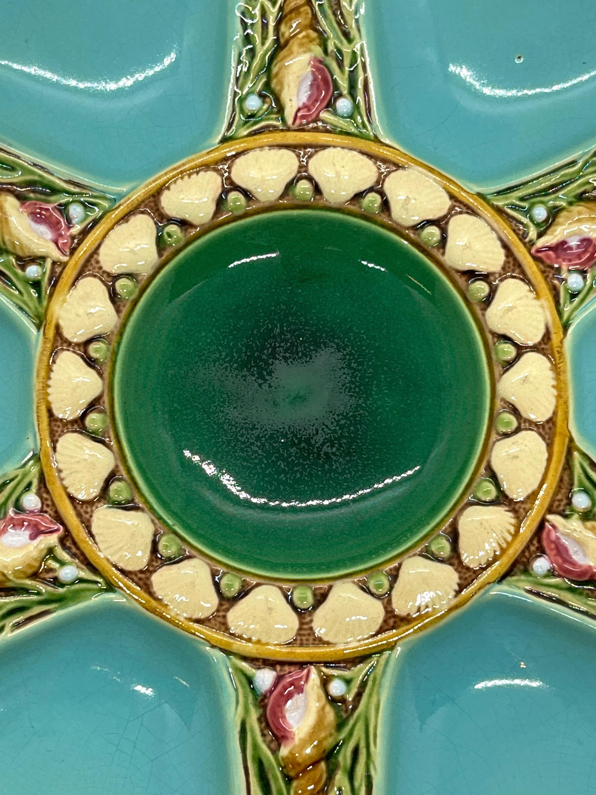 Minton Majolica Turquoise Six Well Oyster Plate, English, Dated 1895 In Good Condition In Banner Elk, NC