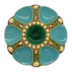 Assiette à huîtres à six puits en majolique turquoise de Minton:: anglaise:: datée de 1895