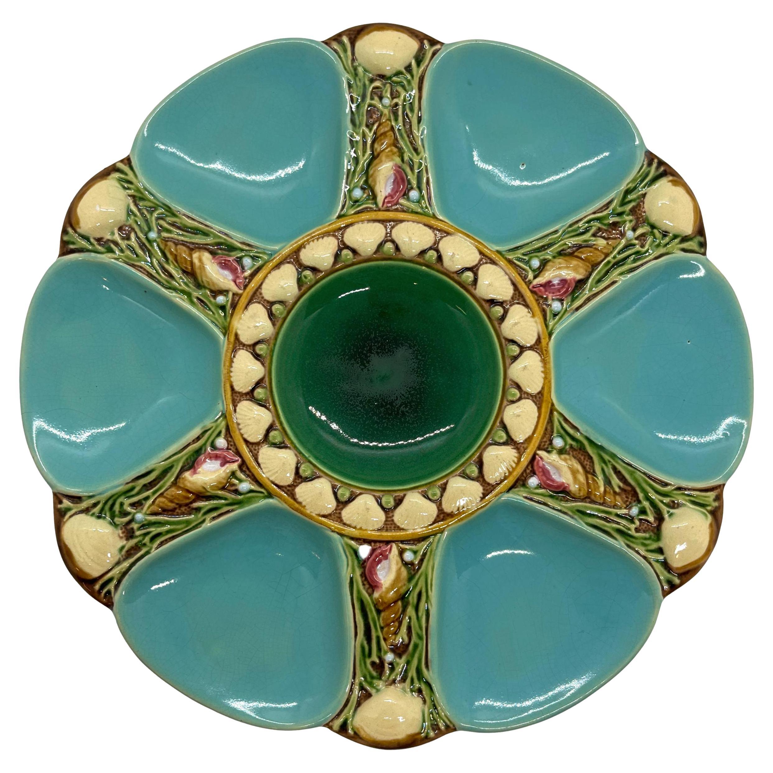 Minton Majolica Turquoise Six Well Oyster Plate, English, Dated 1895