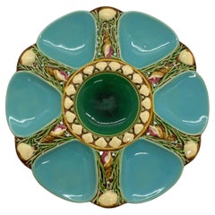 Assiette à huîtres à six puits en majolique turquoise de Minton:: anglaise:: datée de 1895