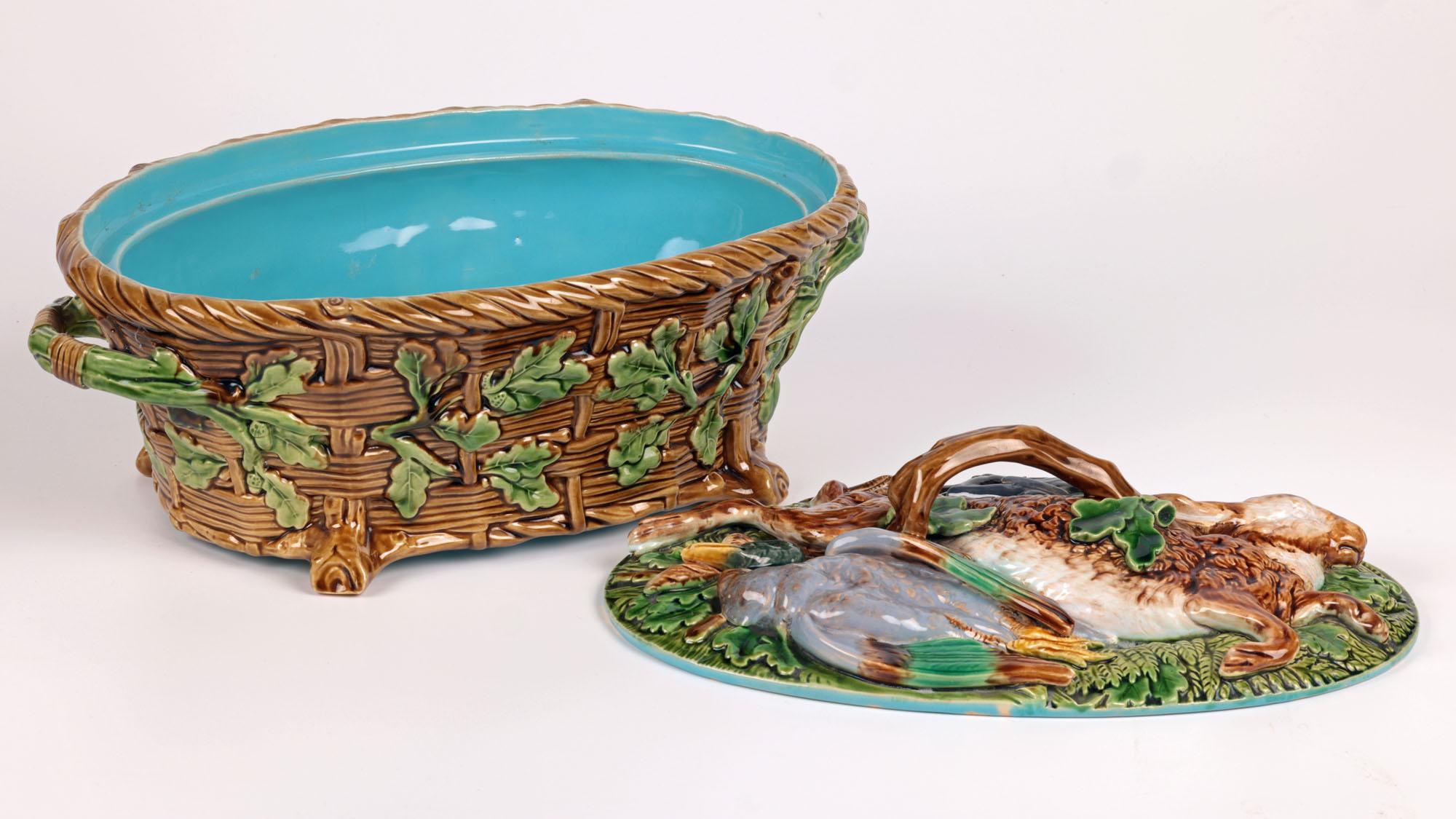 Mid-19th Century Minton Majolica Twin Handled Game Pie Dish & Cover For Sale