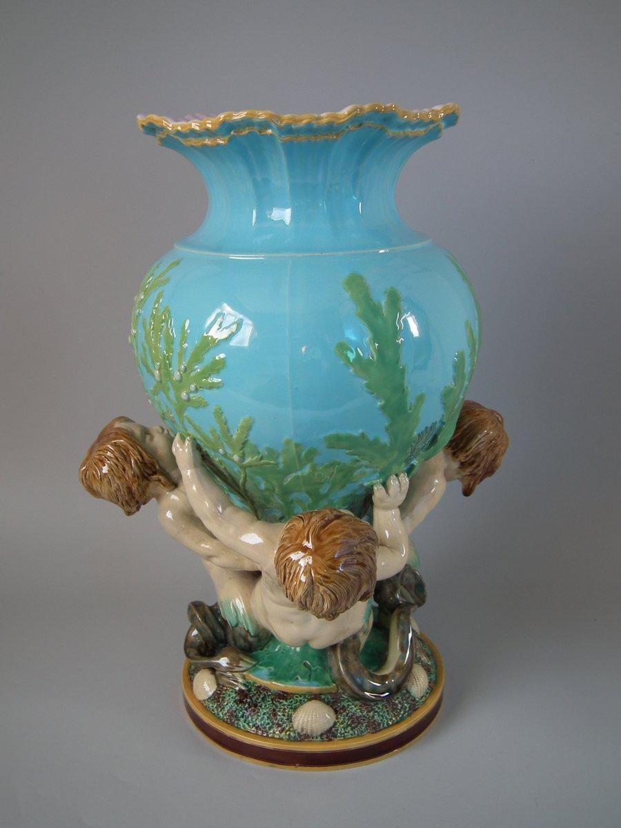 English Minton Majolica Vase Supported by Three Merboys