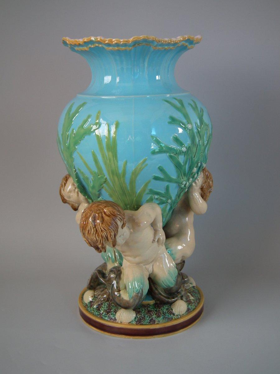 Glazed Minton Majolica Vase Supported by Three Merboys