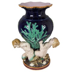 Minton Majolica Vase Supported By Three Merboys