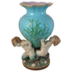 Minton Majolica Vase Supported by Three Merboys