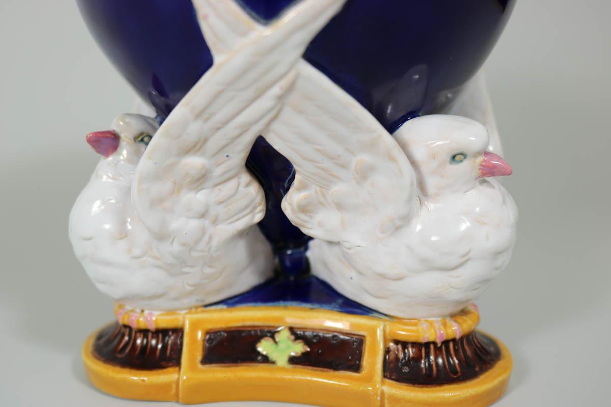 Glazed Minton Majolica Vase Which Features Three Doves