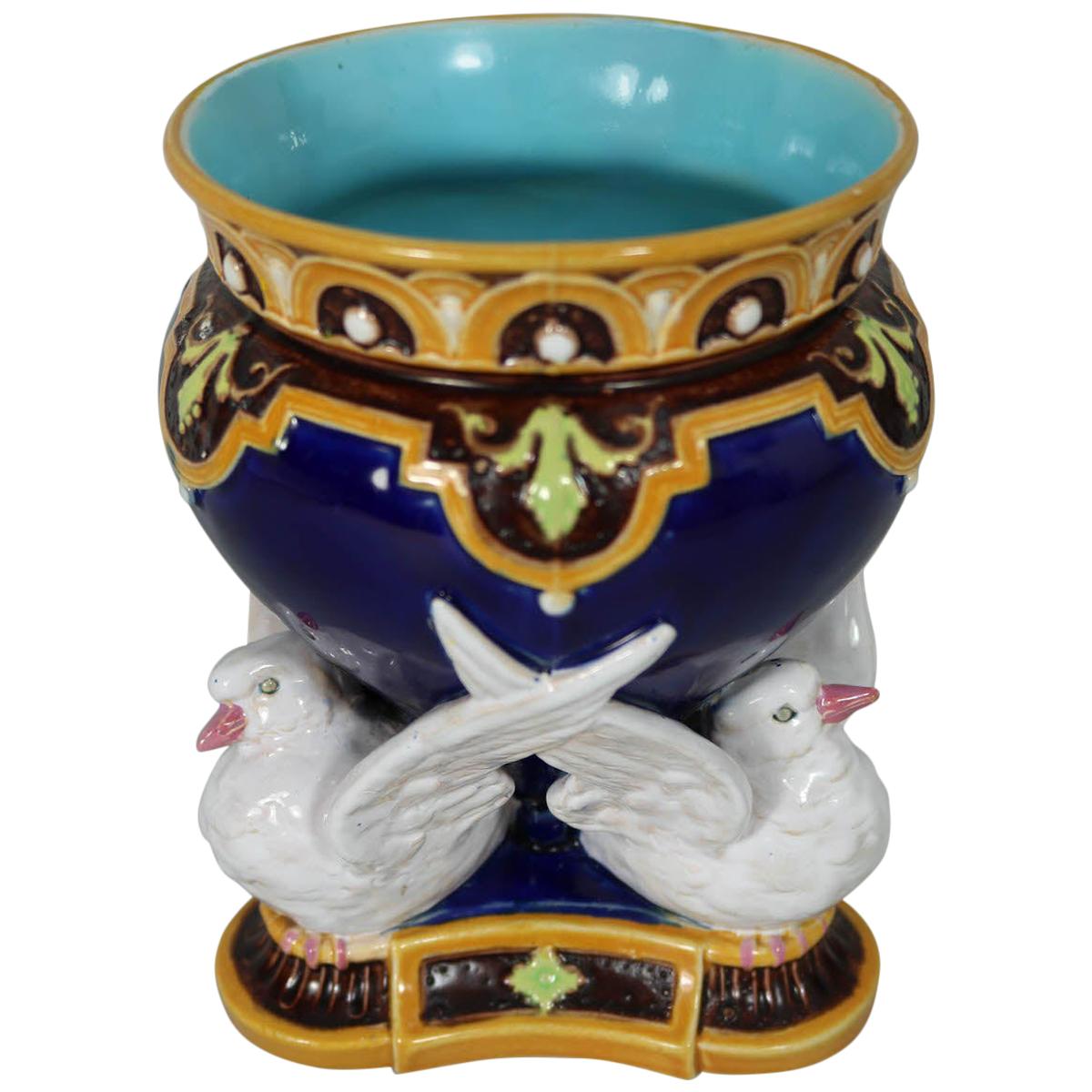 Minton Majolica Vase Which Features Three Doves