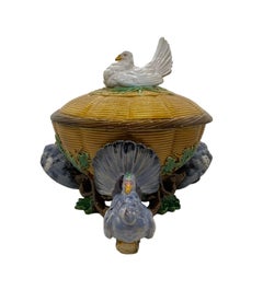 Minton Majolica White Fantail Pigeon Tureen Yellow Wicker and Oak Tree Base