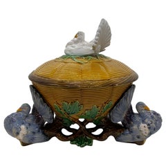 Minton Majolica White Fantail Pigeon Tureen Yellow Wicker and Oak Tree Base