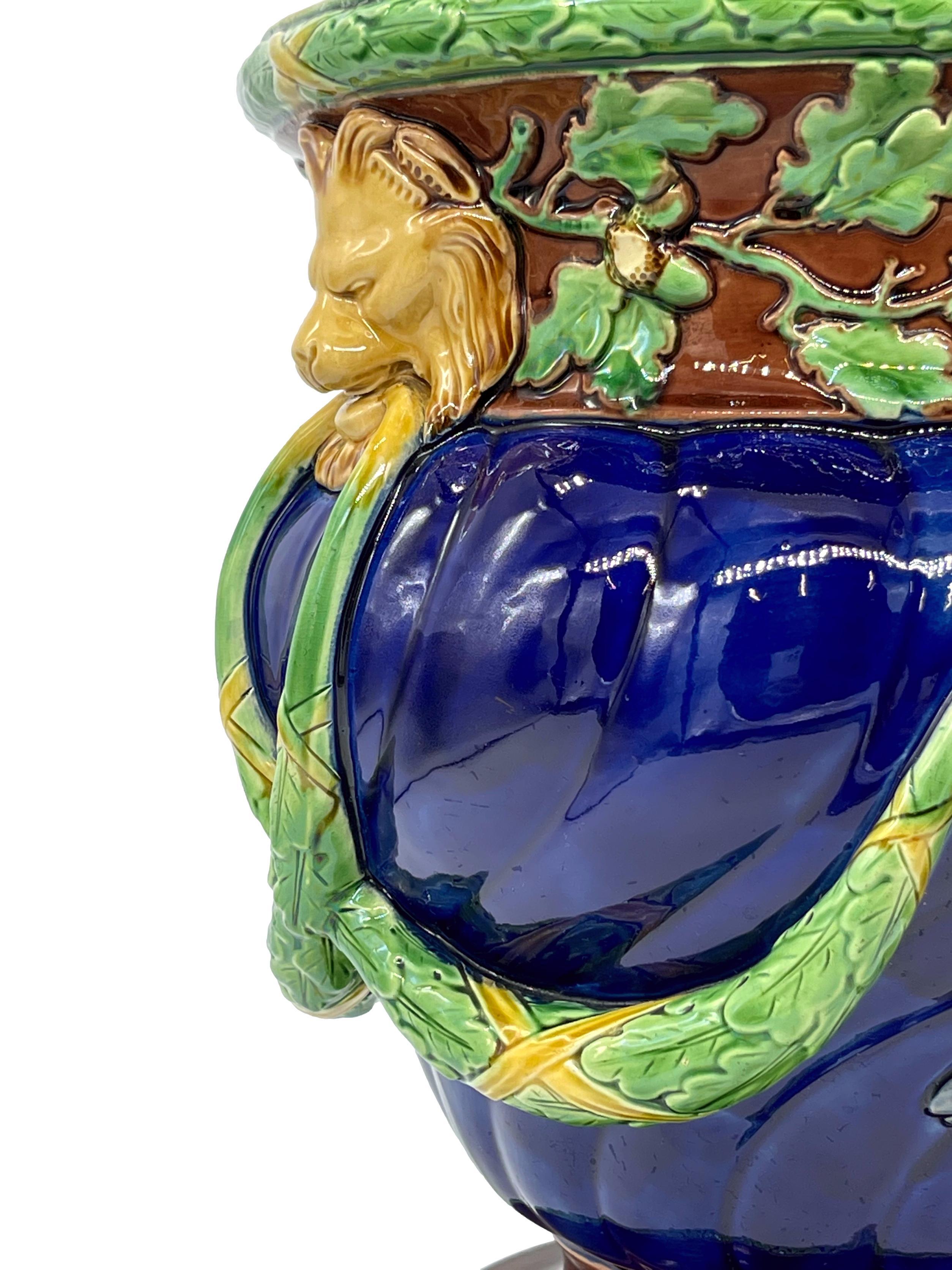 Minton Majolica Wine Cooler with Fauns, Oak Garlands on Cobalt, Dated 1865 5