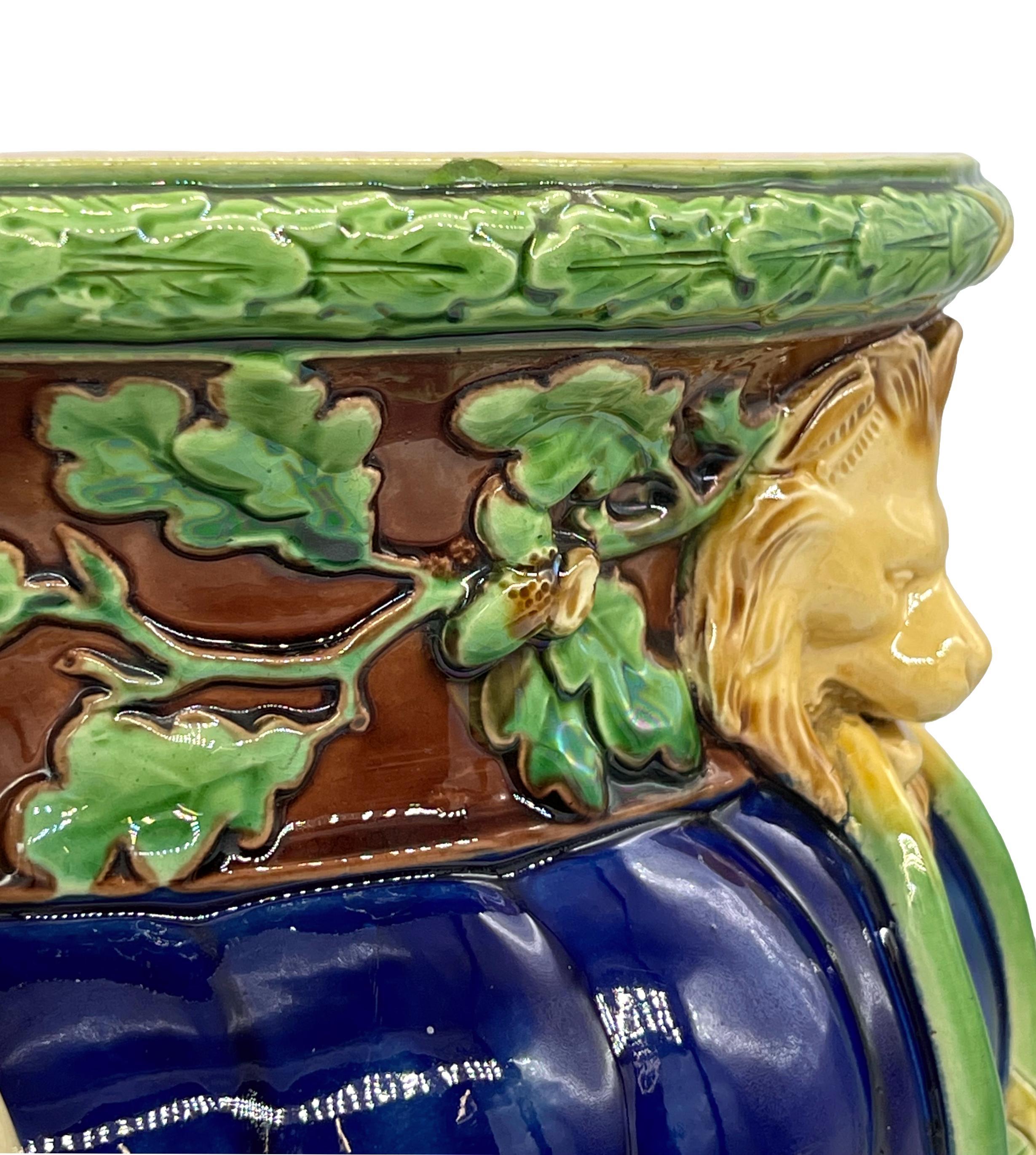 Minton Majolica Wine Cooler with Fauns, Oak Garlands on Cobalt, Dated 1865 7
