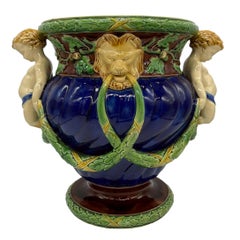 Minton Majolica Wine Cooler with Fauns, Oak Garlands on Cobalt, Dated 1865