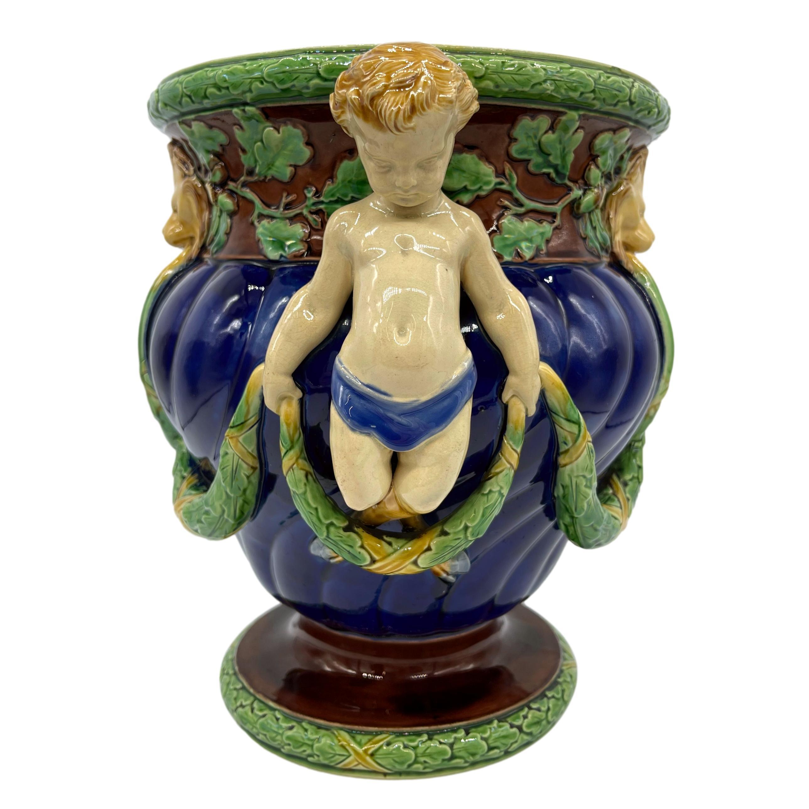 Victorian Minton Majolica Wine Cooler with Fauns, Oak Garlands on Cobalt, Dated 1865