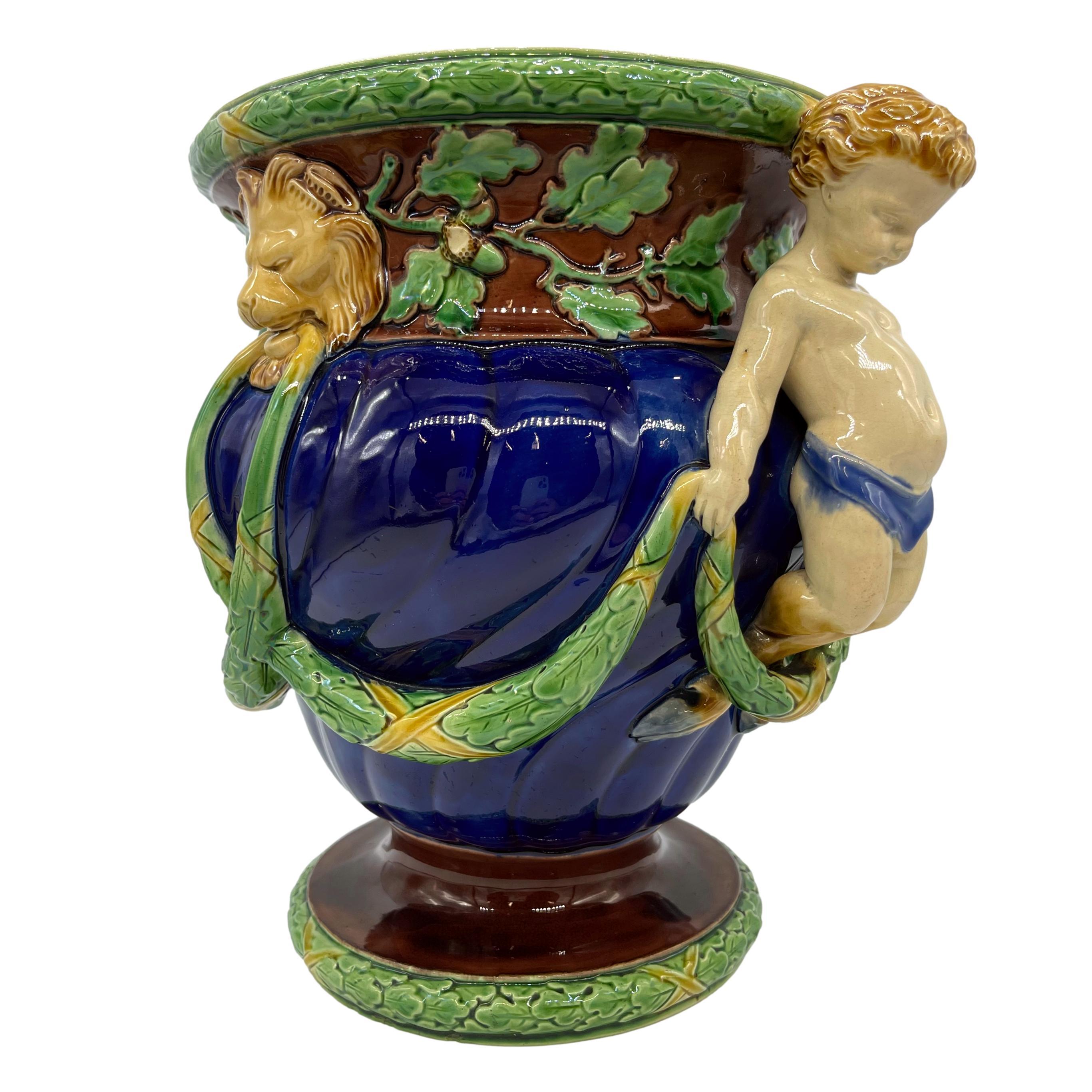 English Minton Majolica Wine Cooler with Fauns, Oak Garlands on Cobalt, Dated 1865