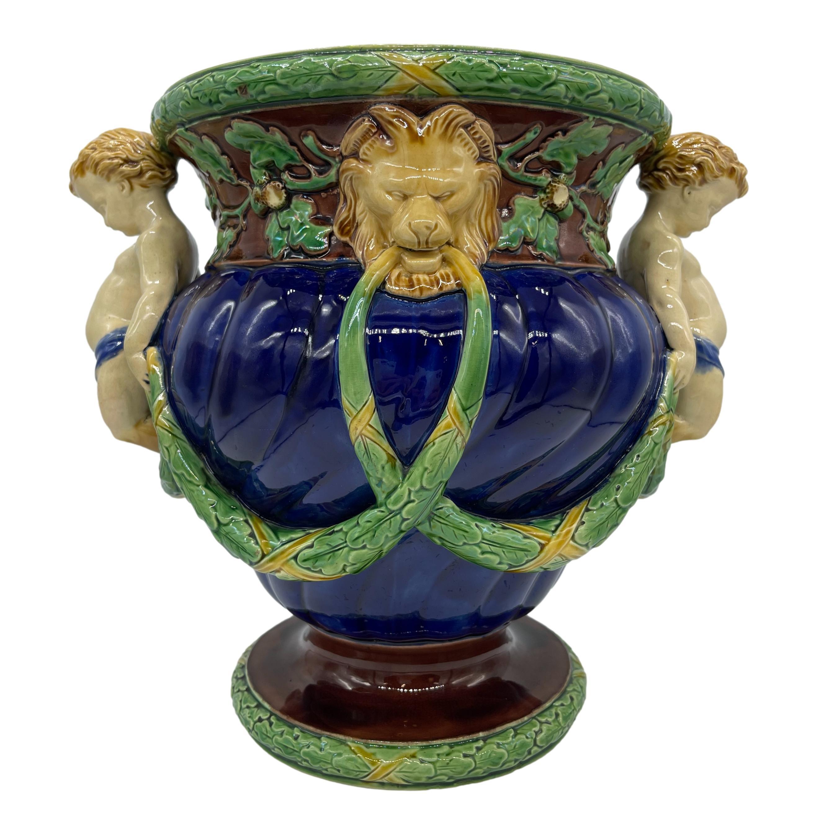 Molded Minton Majolica Wine Cooler with Fauns, Oak Garlands on Cobalt, Dated 1865