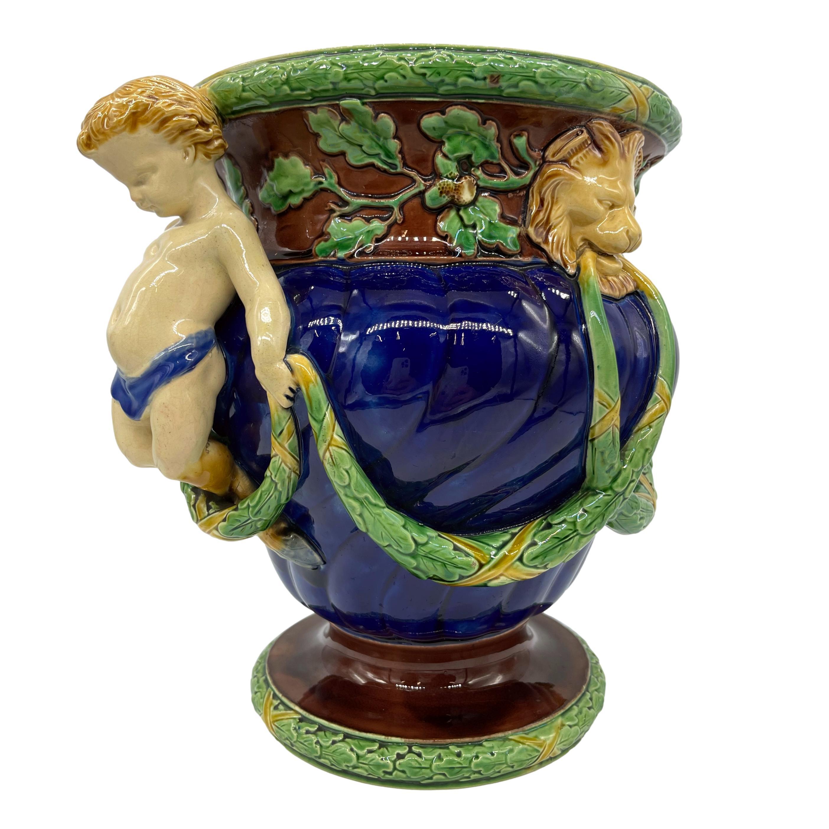Minton Majolica Wine Cooler with Fauns, Oak Garlands on Cobalt, Dated 1865 In Good Condition In Banner Elk, NC
