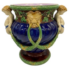 Minton Majolica Wine Cooler with Fauns, Oak Garlands on Cobalt, Dated 1865