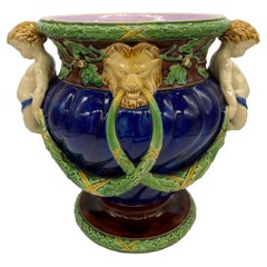 Antique Minton Majolica Wine Cooler with Fauns, Oak Garlands on Cobalt, Dated 1865