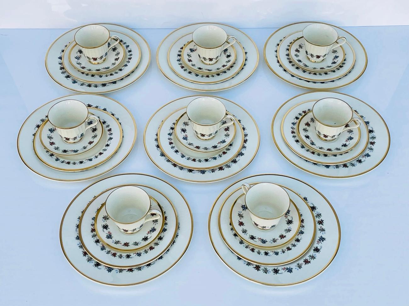 Materials: Bone china
Marks: Maker’s Mark
Origin: England
Pattern: Mirabeau

This is a set of 8 dining plates, 8 bread or salad plates, 8 saucers and 8 cups.
All of the pieces are marked and show well.
Measurements:
Dinner plates: 10.75